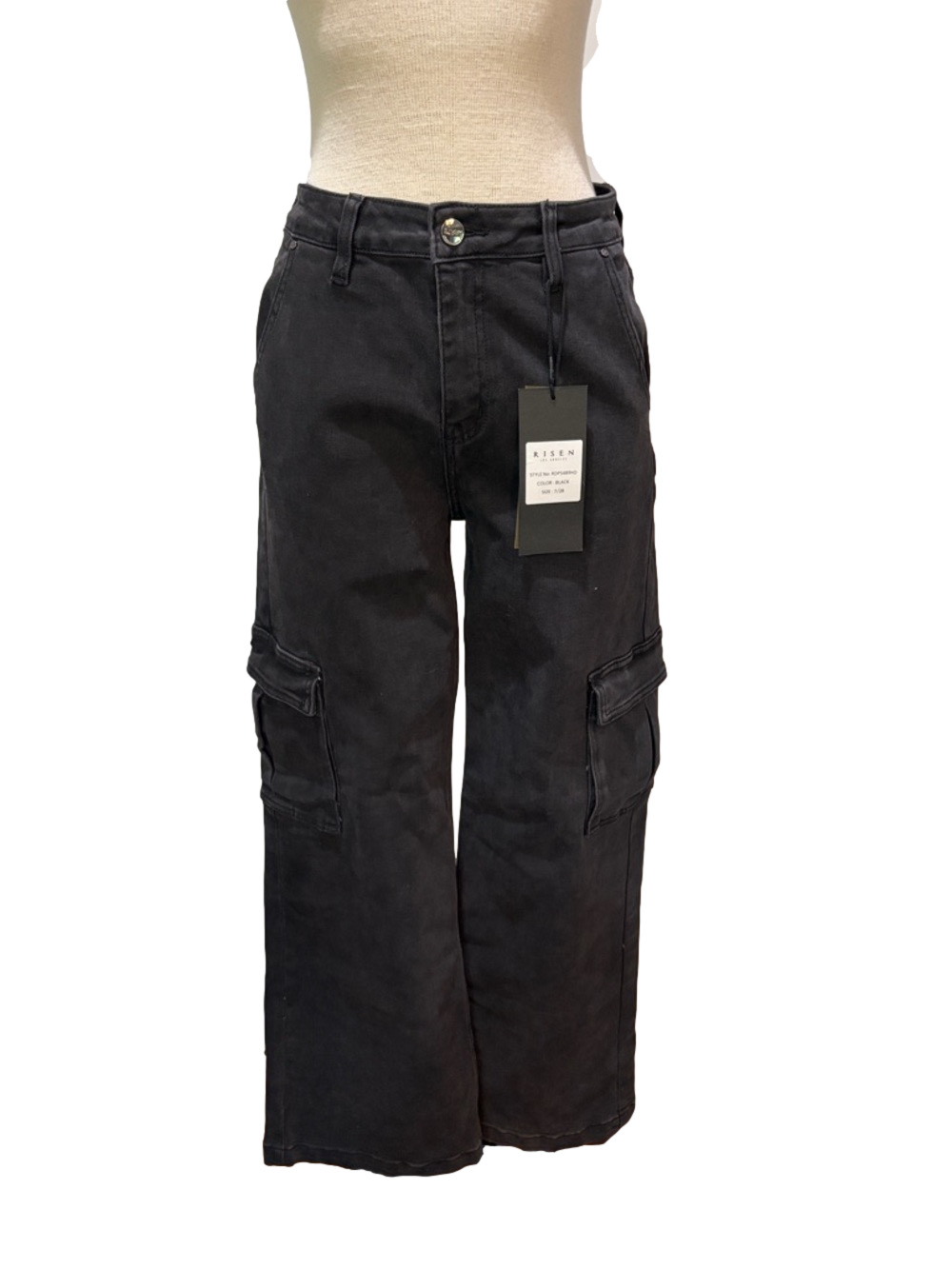 Risen Jeans sz 7/28 black wide leg high rise cargo jeans NWT